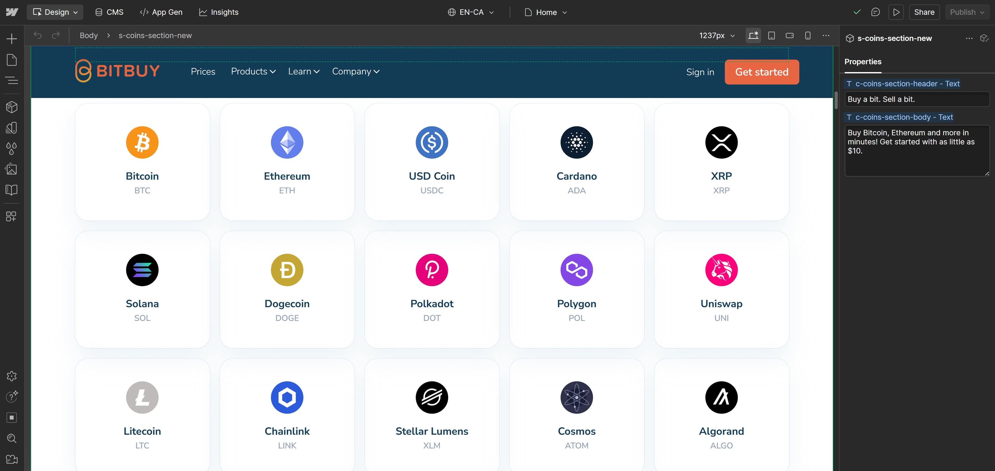 The Bitbuy converter page open in the Webflow designer