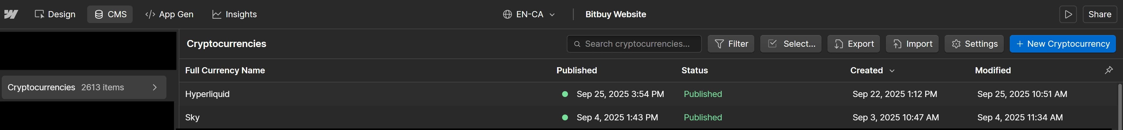 The Webflow CMS listing cryptocurrency entries for the converter