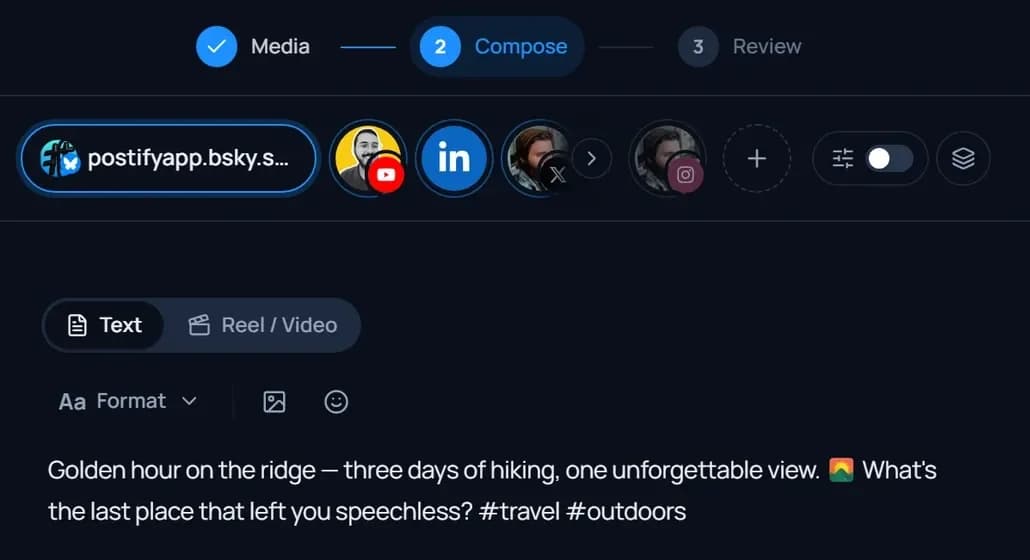 The Postify composer with one draft going to Bluesky, YouTube, LinkedIn, X and Instagram channels
