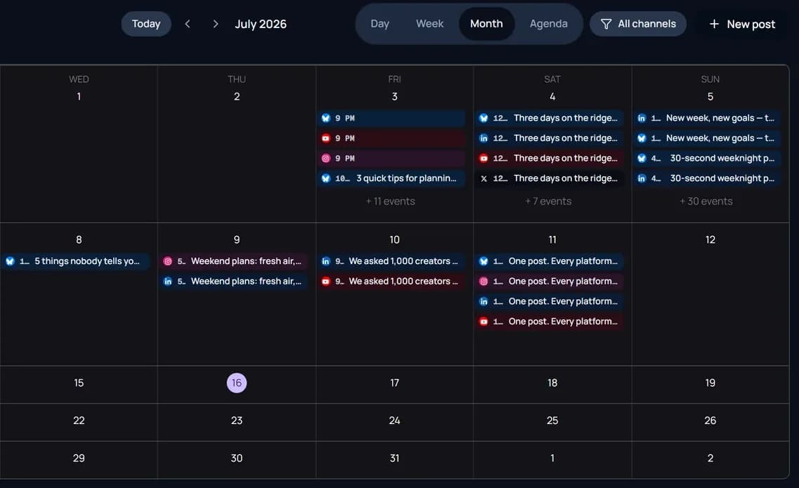 The Postify calendar in month view with scheduled posts across several channels