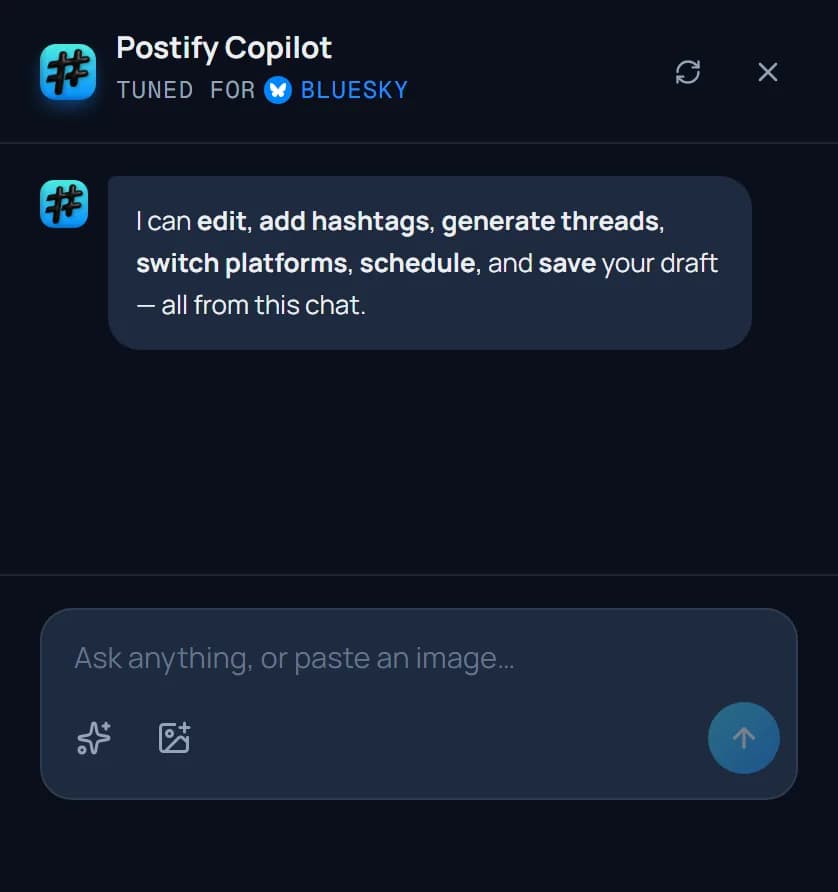 The Postify Copilot chat panel, tuned for Bluesky