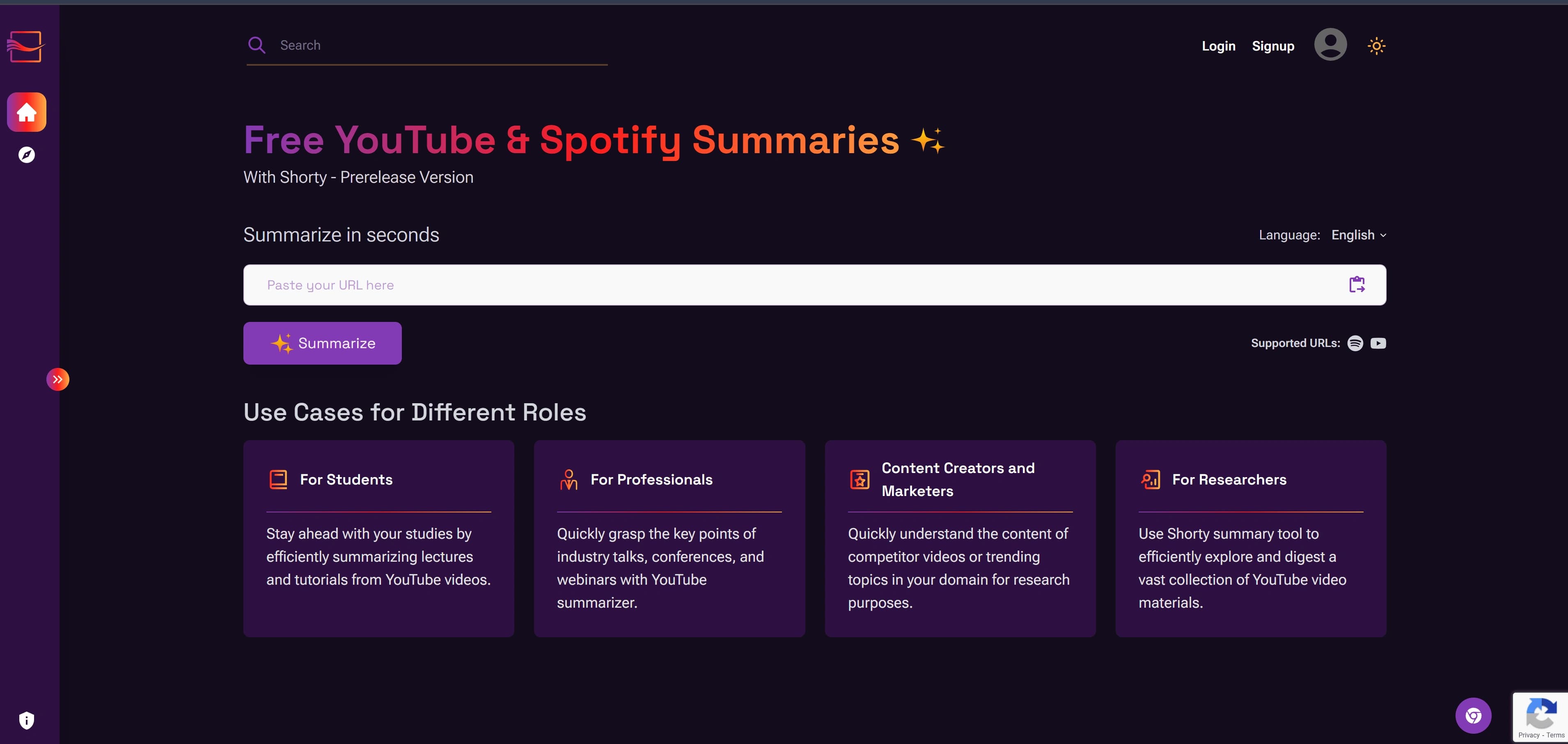 Shorty's main page, where you paste a link to summarize a video