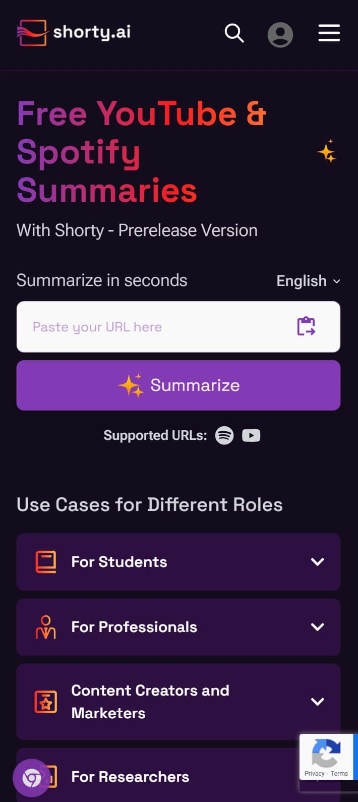 Shorty's main page on a mobile screen