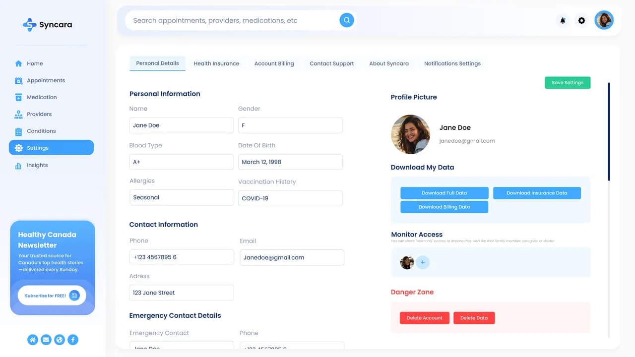 Syncara's settings screen from the interactive Figma prototype — personal details, insurance, and data controls