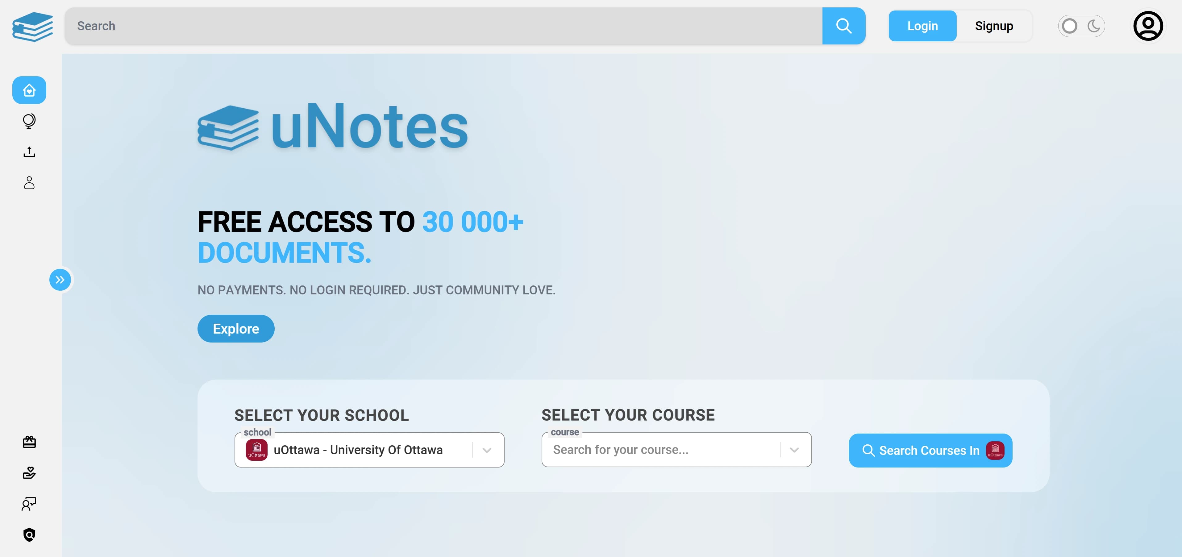 The uNotes home page in light mode