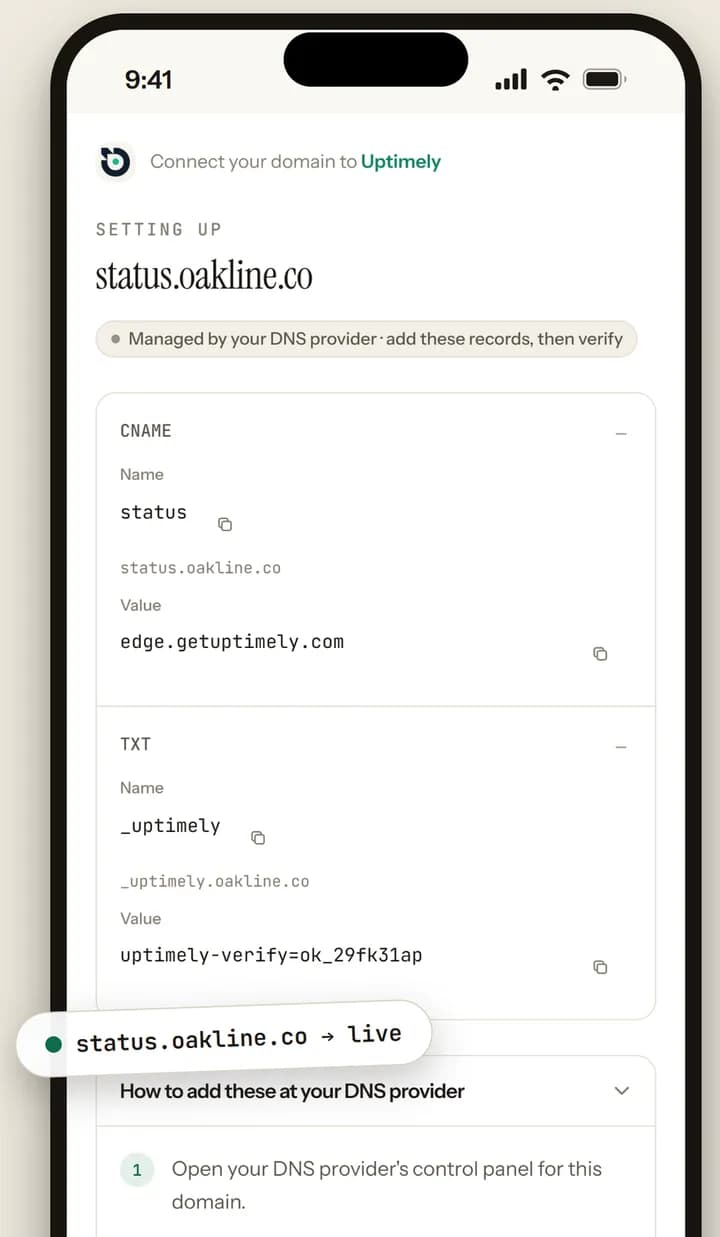 The DoDomain connect flow on a phone, listing the CNAME and TXT records to add for status.oakline.co in Uptimely
