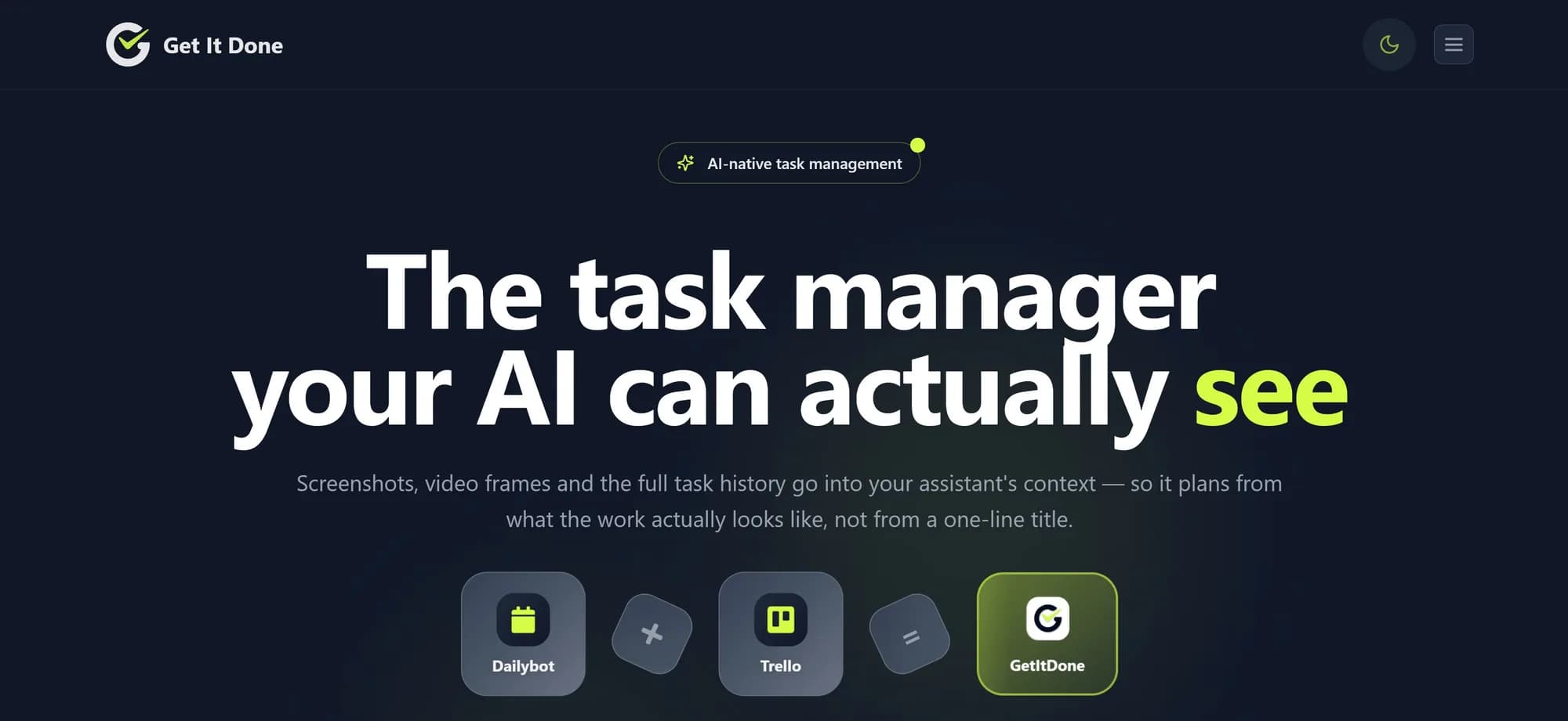 The GetItDone landing page with the headline The task manager your AI can actually see