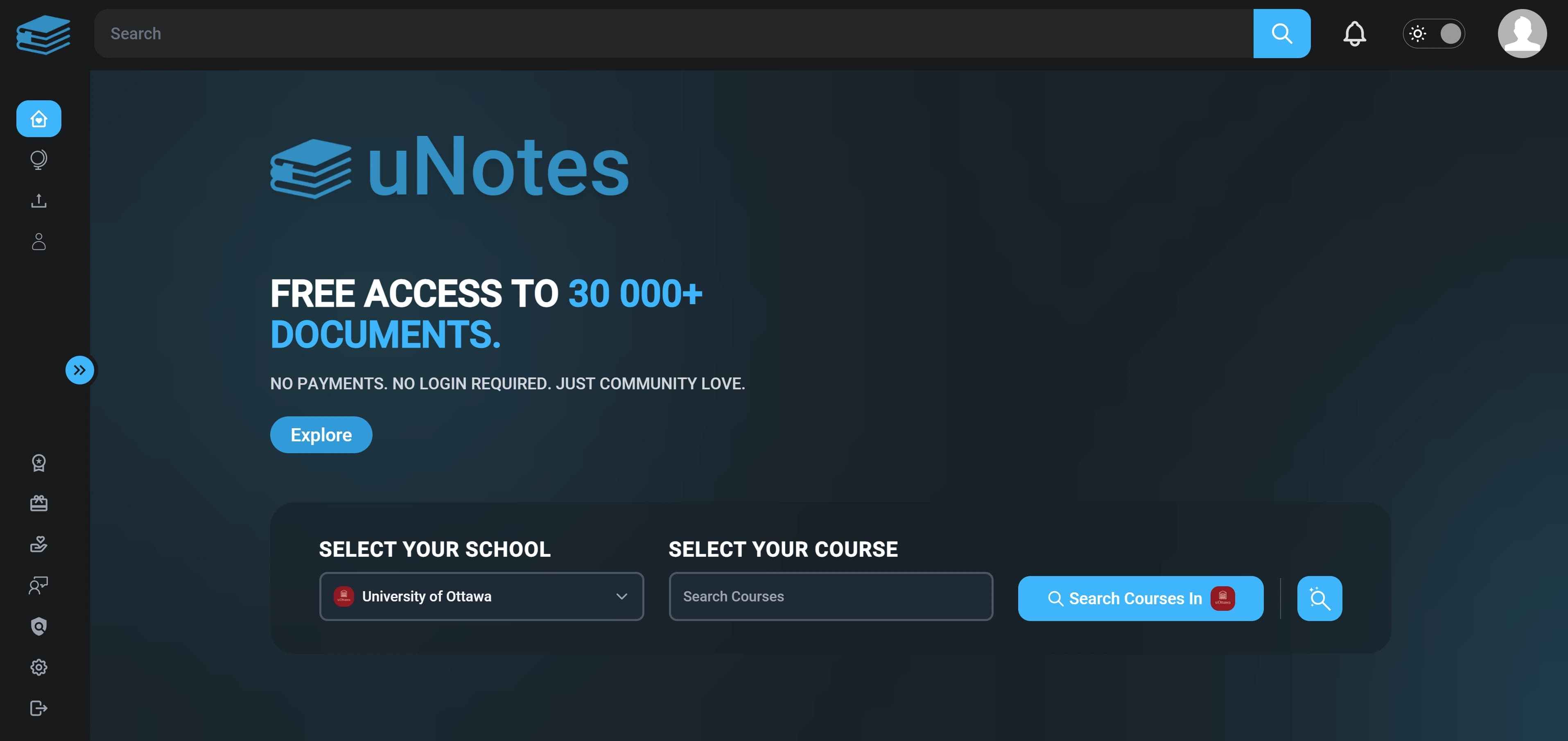 The uNotes home page in dark mode