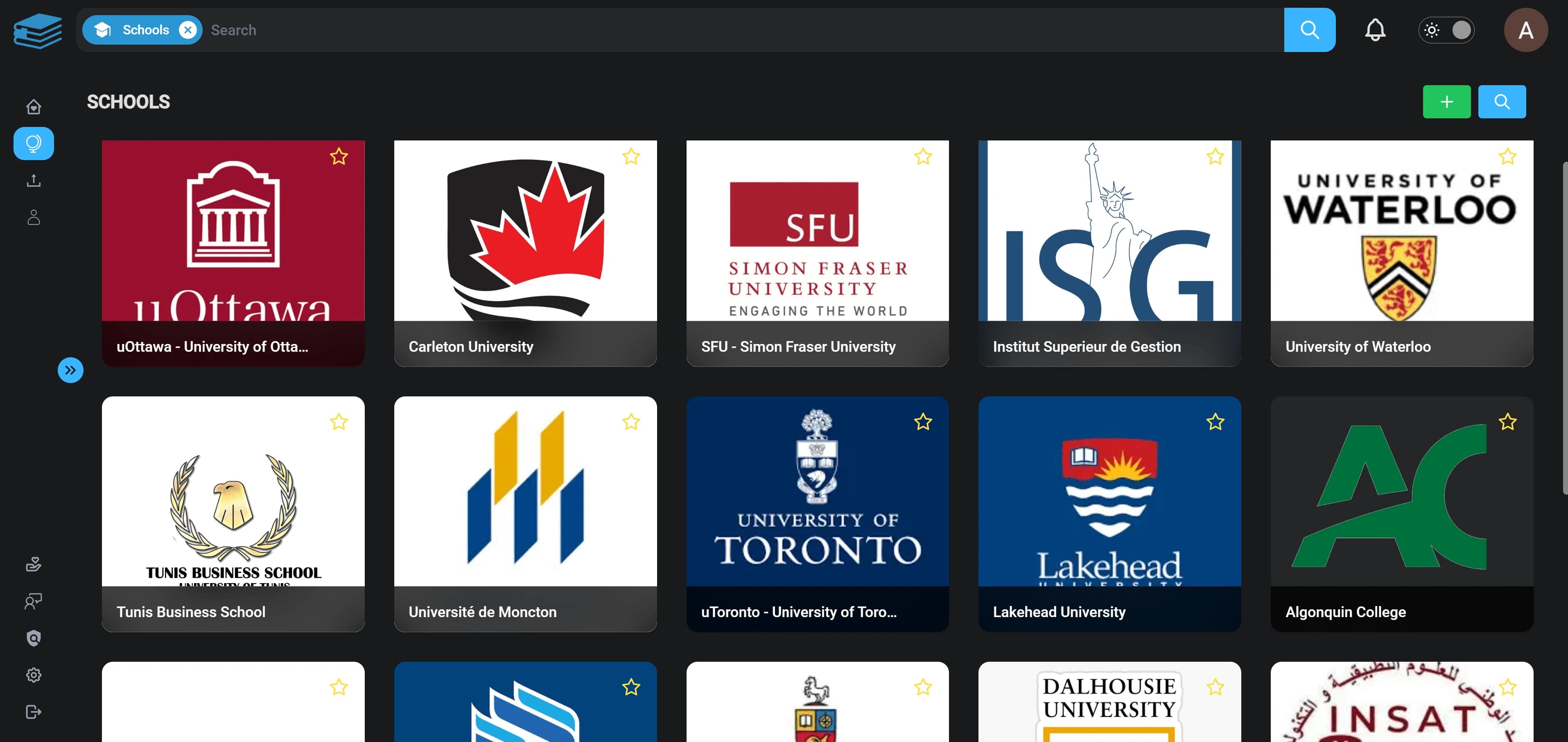 The uNotes explore page listing supported schools