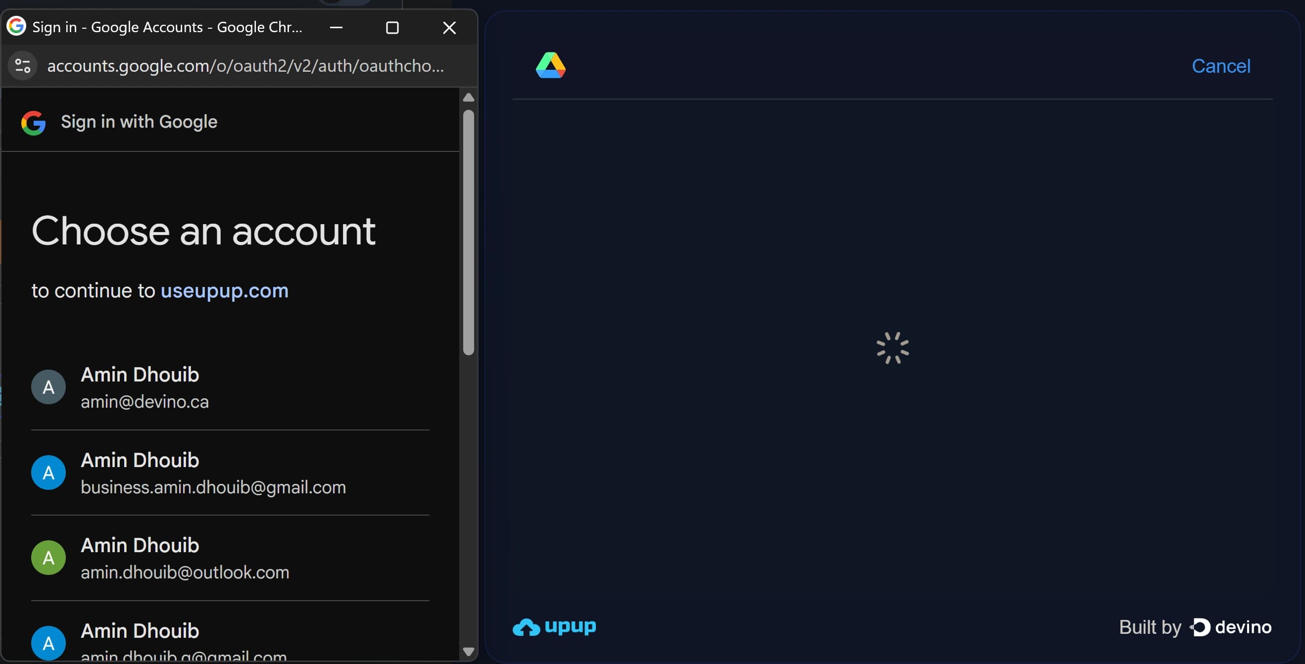 Upup opening a Google Drive account picker window