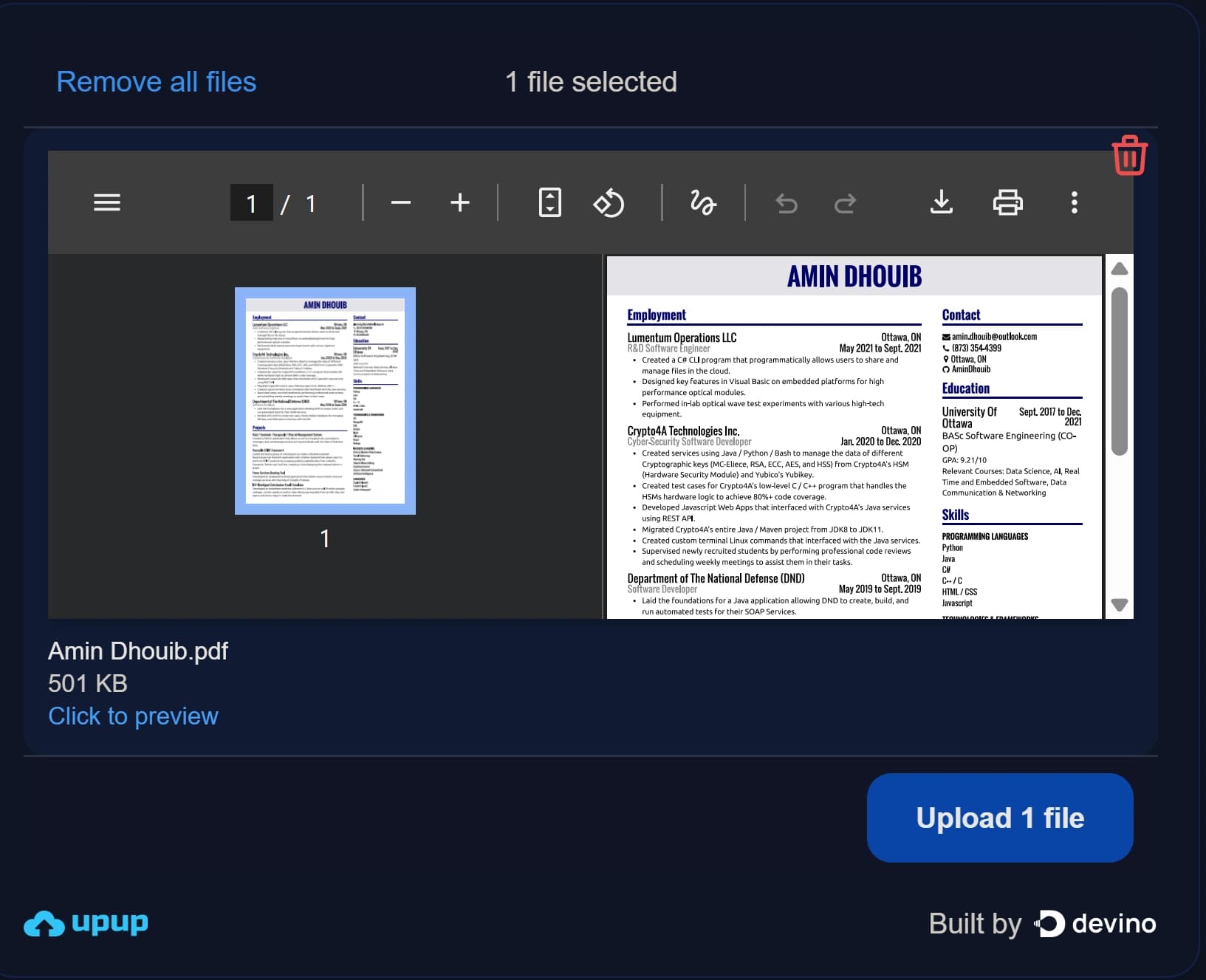 Upup previewing a selected file before upload
